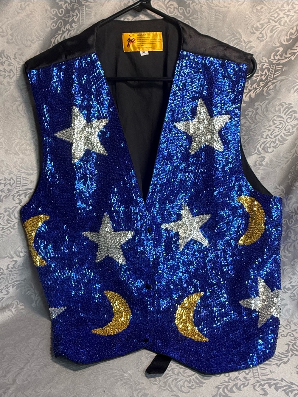 Vtg JC Sequin Vest Unisex XL Blue Gold Moon Stars Silk Back Halloween Costume